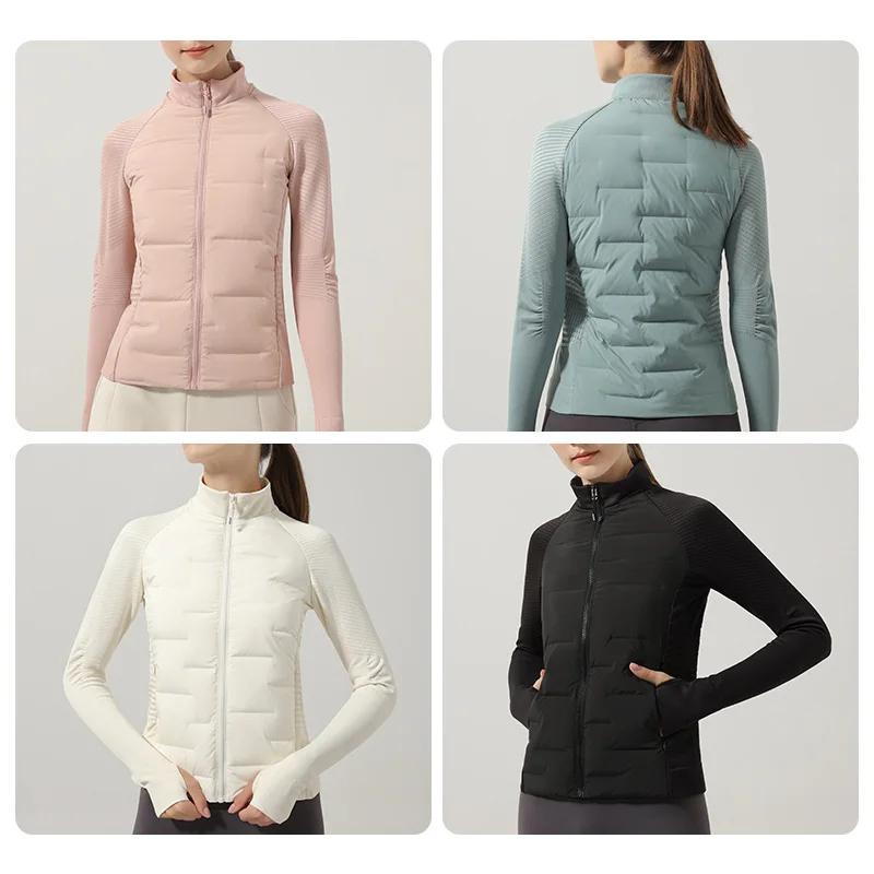 سترة نسائية رياضية من White Goose Down، دافئة، خفيفة للغاية، تنحيف، معطف للجري واللياقة البدنية بدون خياطة