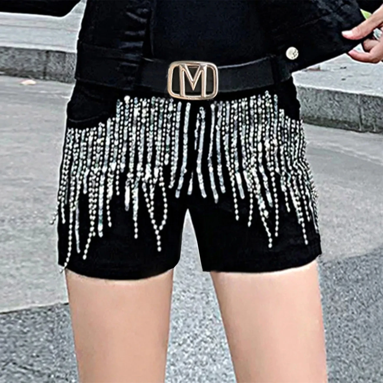 Rompi Modis Set Pendek Pakaian Jalan Wanita 2025 Musim Semi Musim Panas Versi Korea Baru Atasan Payet Rumbai + Celana Pendek Set Kasual Dua Potong