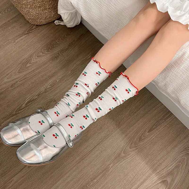 Sweet Cherry Long Socks Women Fungus Cotton Socks Female Lolita High Knee Socks Girls  Dress Calcetine Medias