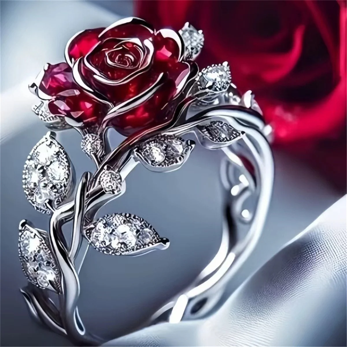 Women's Exquisite Luxury Rose Flower Ring, Red & White Zircon