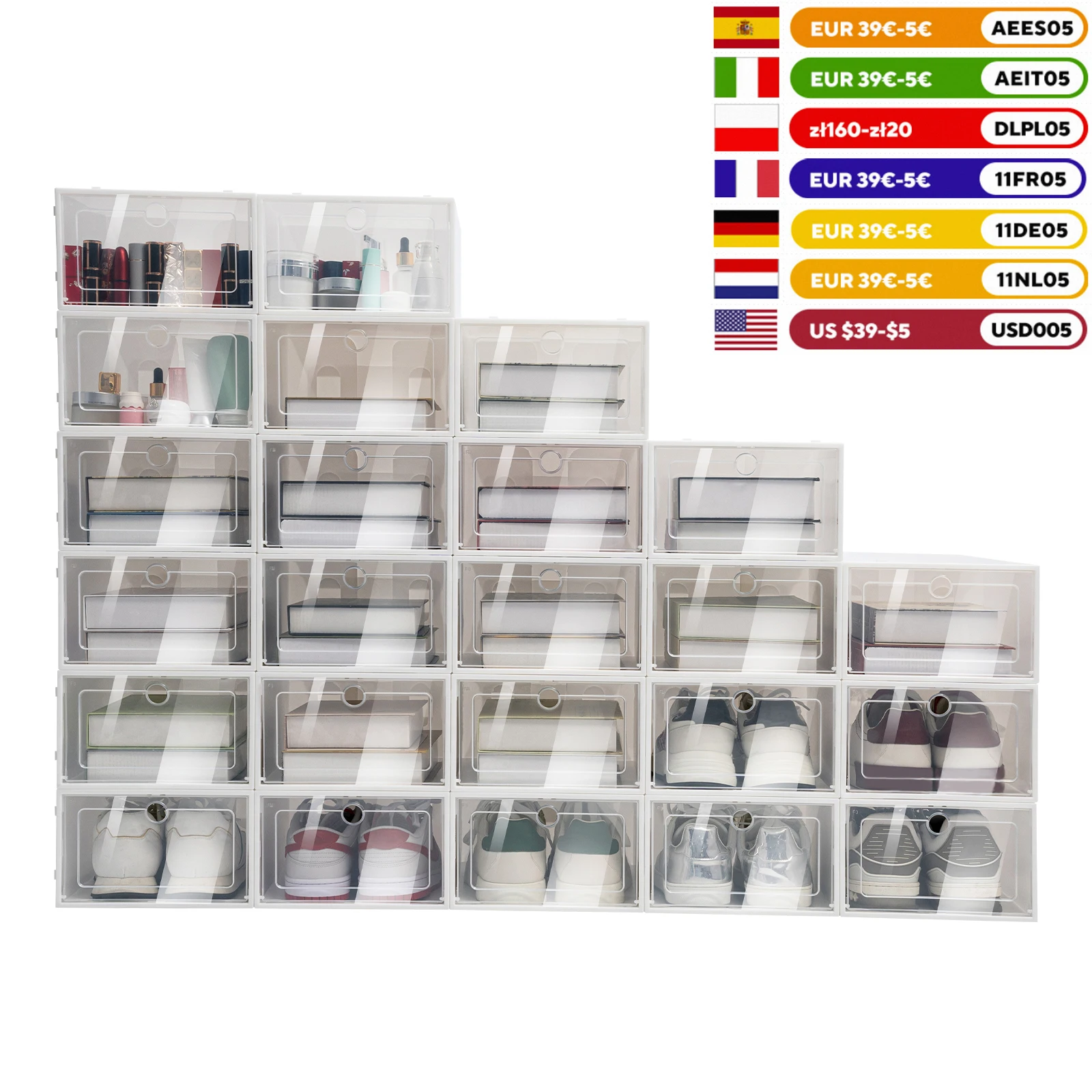 Large Shoe Storage Boxes 24 Pack Organizers Clear Plastic Stackable, Shoe Rack & Holder Substitute, White