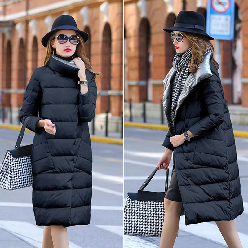FMFSSOM 2024 New Women Winter Long Duck Down Jacket Thick Double Sided Plaid Coat Female Warm Down Parka Women Slim