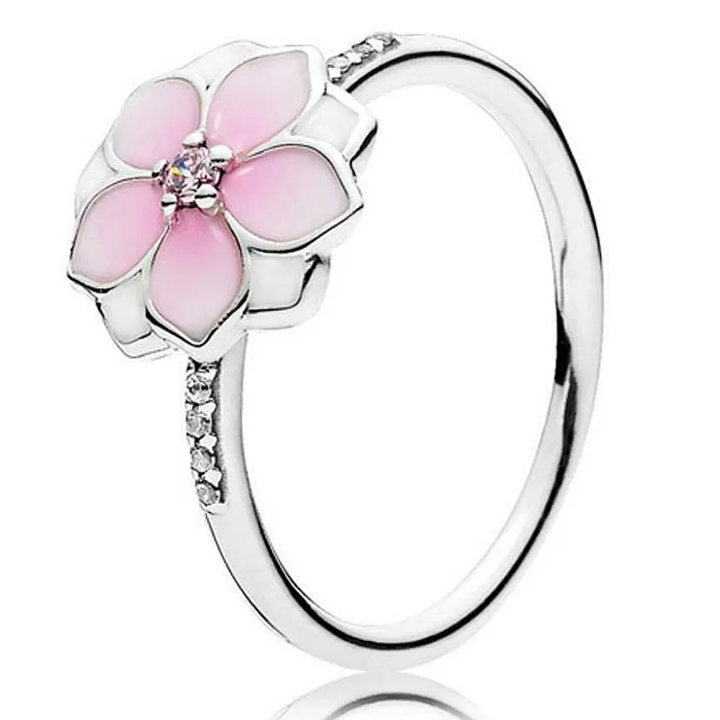 

Original Moments Pink Enamel Magnolia Bloom With Crystal Ring For Women 925 Sterling Silver Wedding Gift Fashion Jewelry