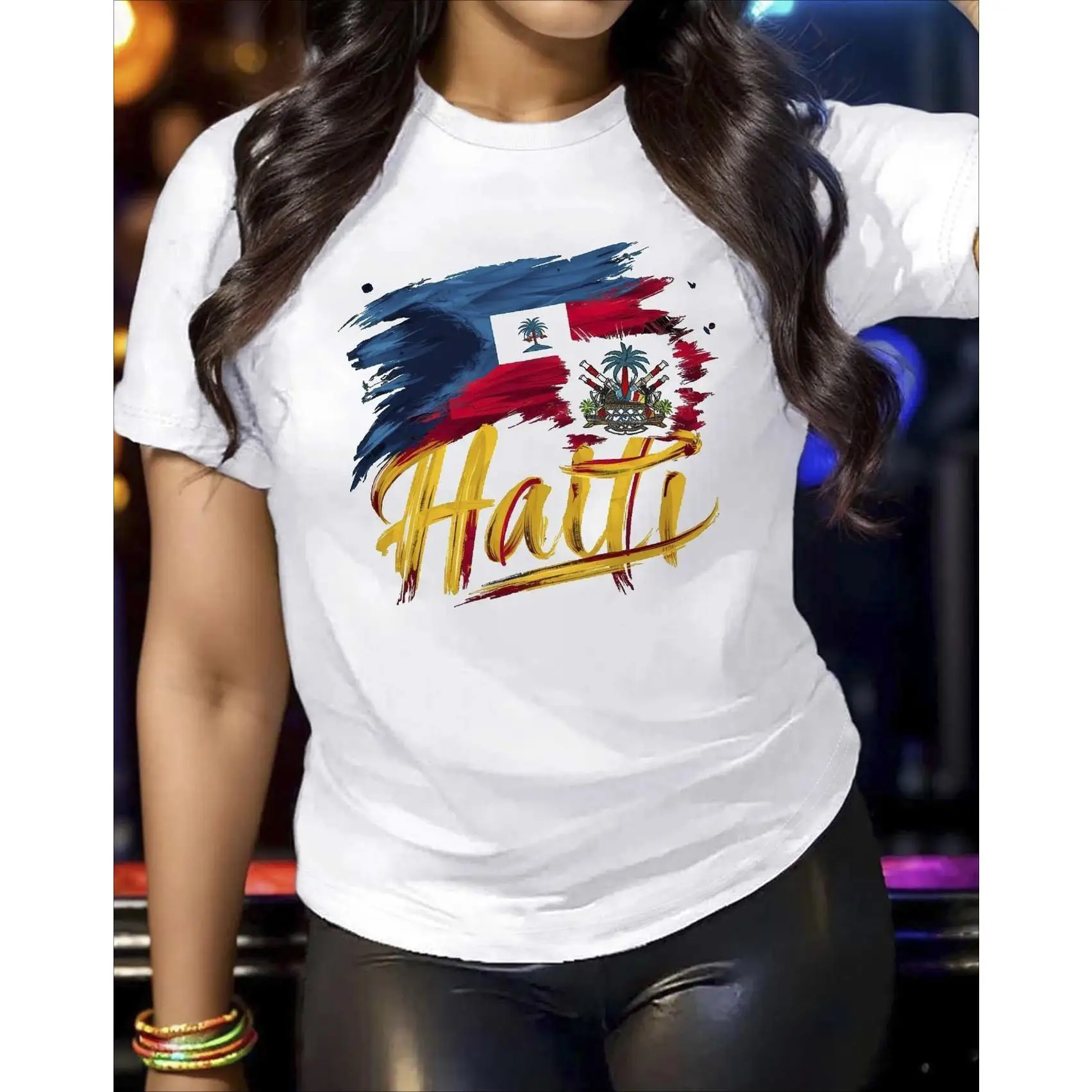 

Women's 100% Cotton Haitian Flag Print T-Shirt - Lightweight Breathable Round Neck Short Sleeve, Slightly Stretchy All-Season
