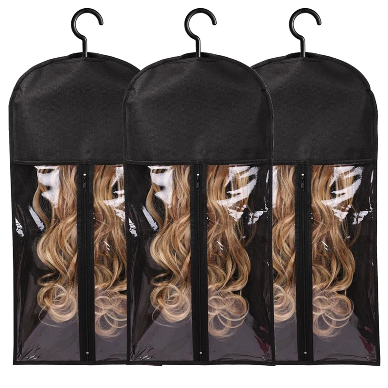 Best 3PCS Hair Extension Holder Wig Storage for Multiple Wigs Holder Wig Bags with Hanger Hair Extension Storage Black