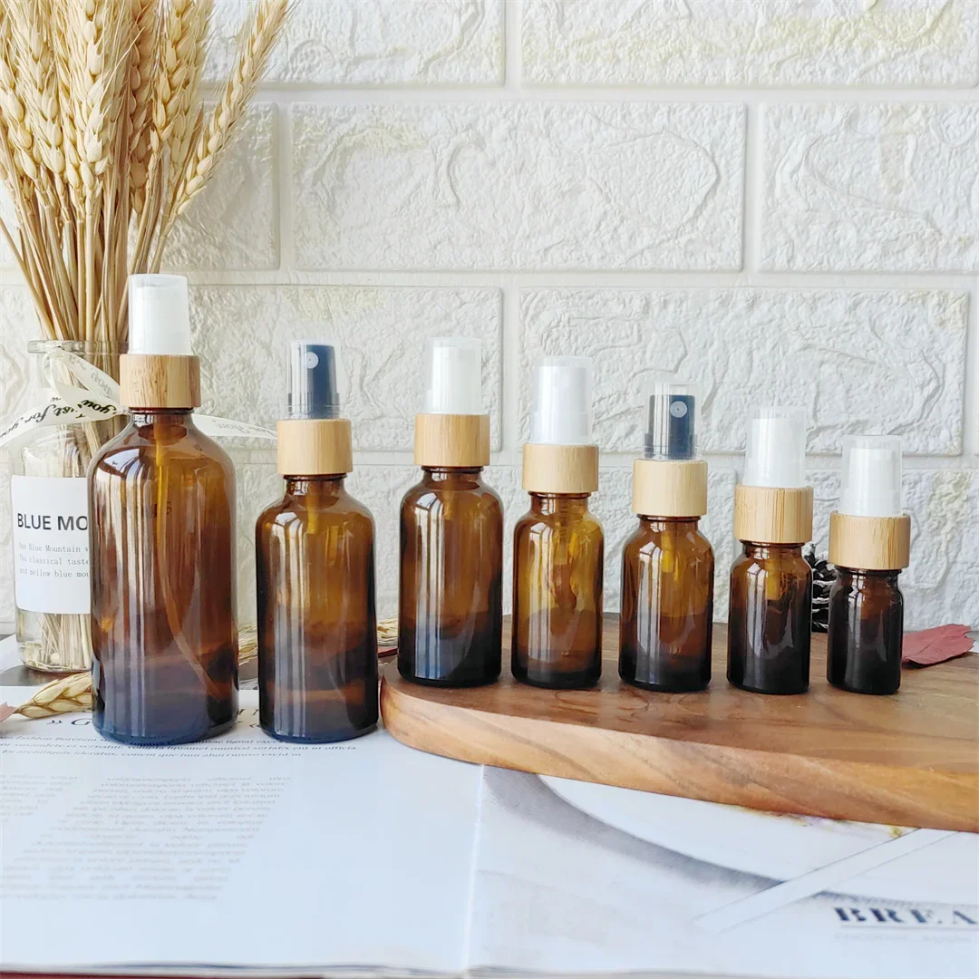 Amber Glass Mist Spray Bottle with Bamboo Fine Mist Sprayer Empty Refillable Lotion Container for Beauty Skin Care Travel Bottle