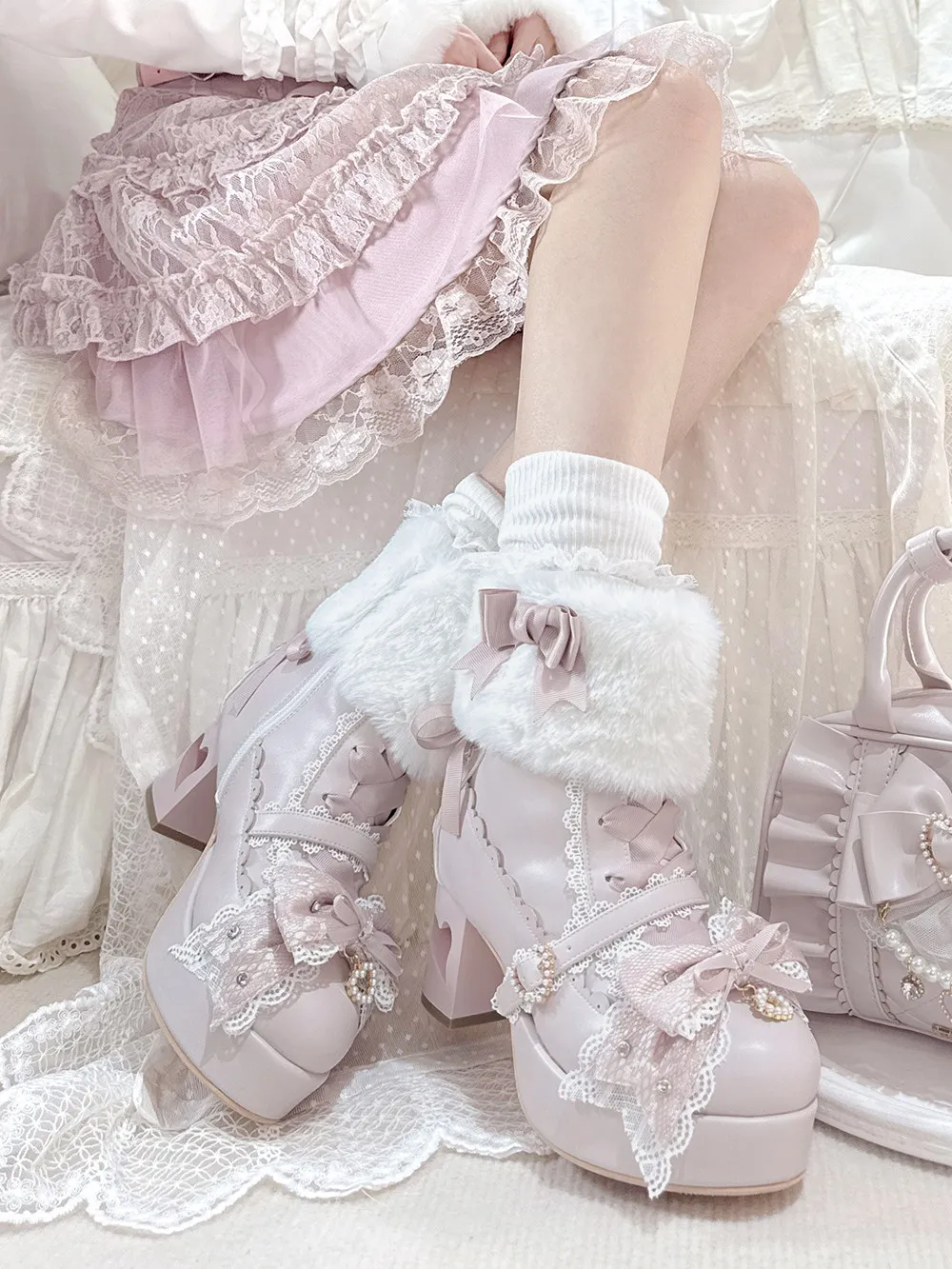 Sweet Lolita Ankle Boots Women Fluffy Fur Trim Lace Bow Pearl Heart Heel Platform Chunky Heel Pink Princess Winter Booties