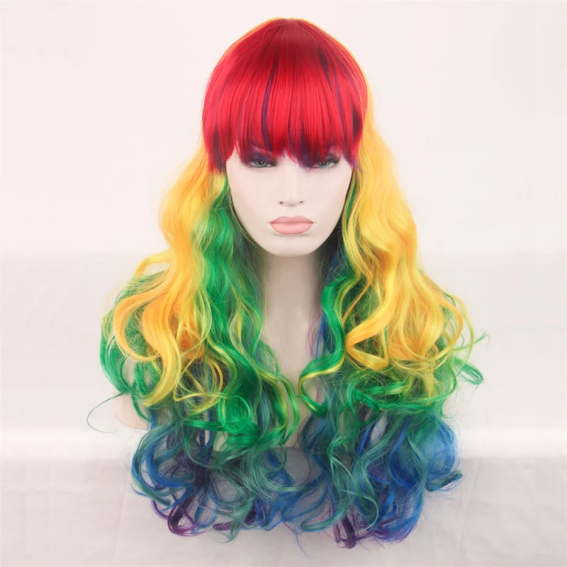 

Парик из синтетического волокна, красочный головной убор, парик COS в европейском и американском стиле для женщин, длинные вьющиеся волосы, большие волны, челка Лолита