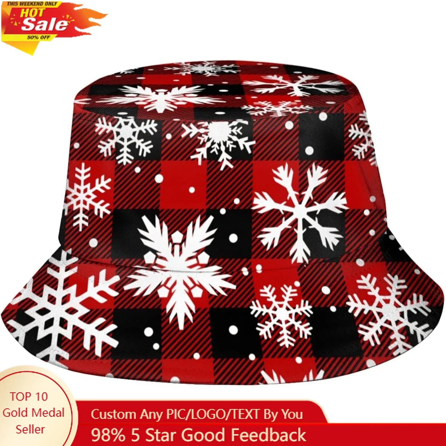 

Christmas Red Snowflakes Pattern Bucket Hat Packable Fashion Fisherman Hat Travel Beach Sun Hat