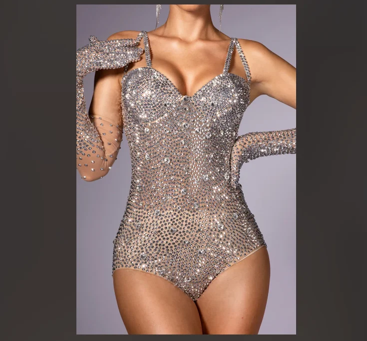 Clementine malha strass macacão com luvas feminino cantor evento concerto roupa