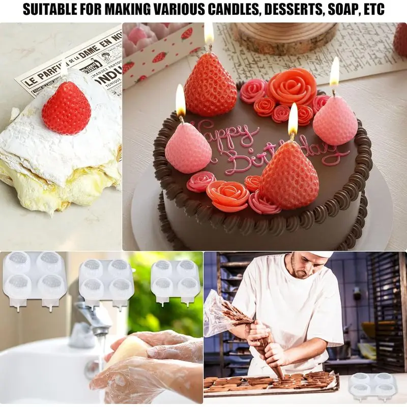 2Pcs 4 Cavity Strawberry Silicone Mold Candle Soap Resin Gypsum DIY Fruit Craft Cake Decor Home Handmade Ornament
