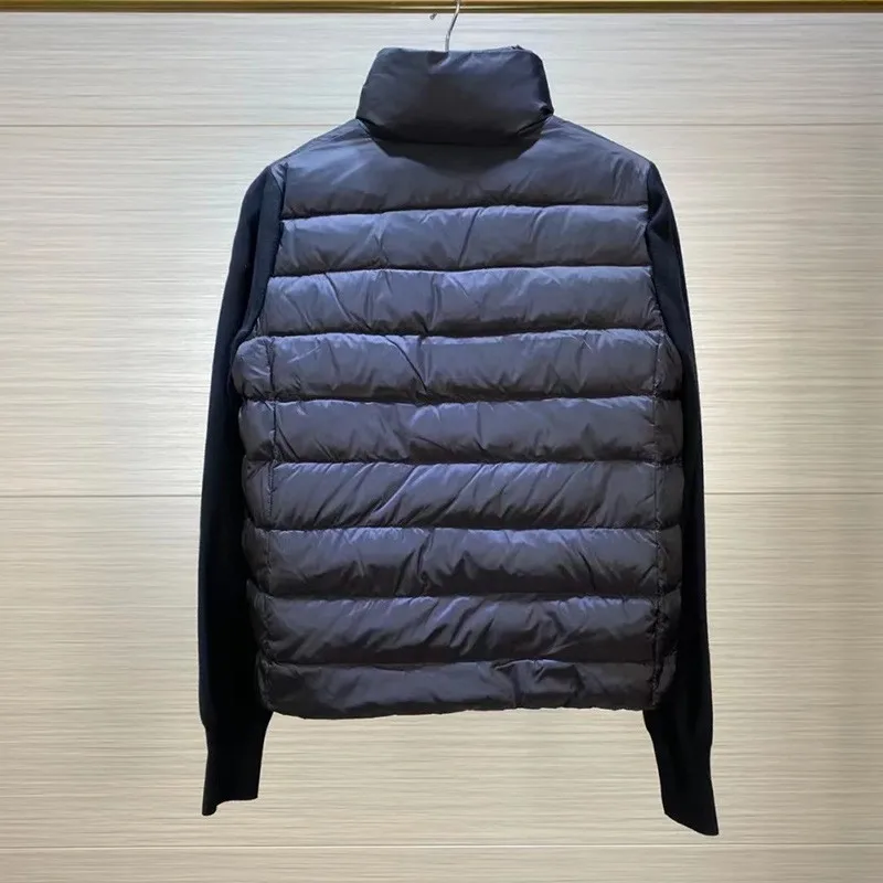 Knitted and spliced down jacket for autumn and winter 2023, versatile top for outerwear, white duck down light and thin standing