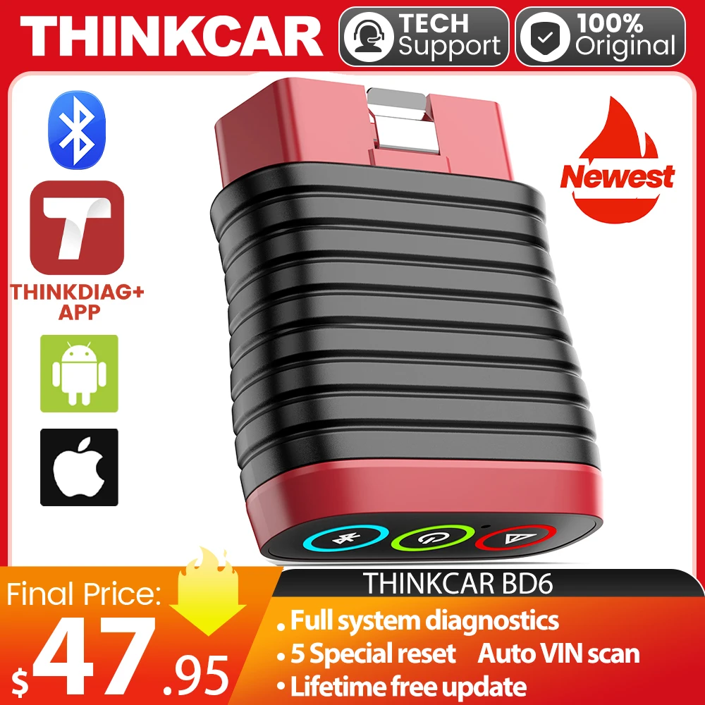 

THINKCAR BD6 obd2 Scanner Bluetooth, Wireless All System Diagnostic Tool for iOS & Android, 5 Hot Reset Free Car Code Reader