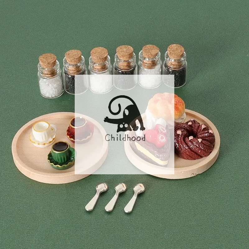 6 pezzi in miniatura vassoio di legno tazza di caffè zucchero caffè bottiglia di vetro dessert torta giocattolo casa delle bambole realistico cibo simulazione ornamento