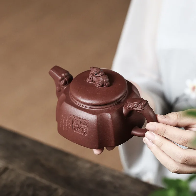 Handmade Chinese Kongfu Tea Pots, Dragon Head Four Square Tea Set , Zisha Segment Mud Flat Yixing Purply Clay Teapot, 300ml, 1Pc