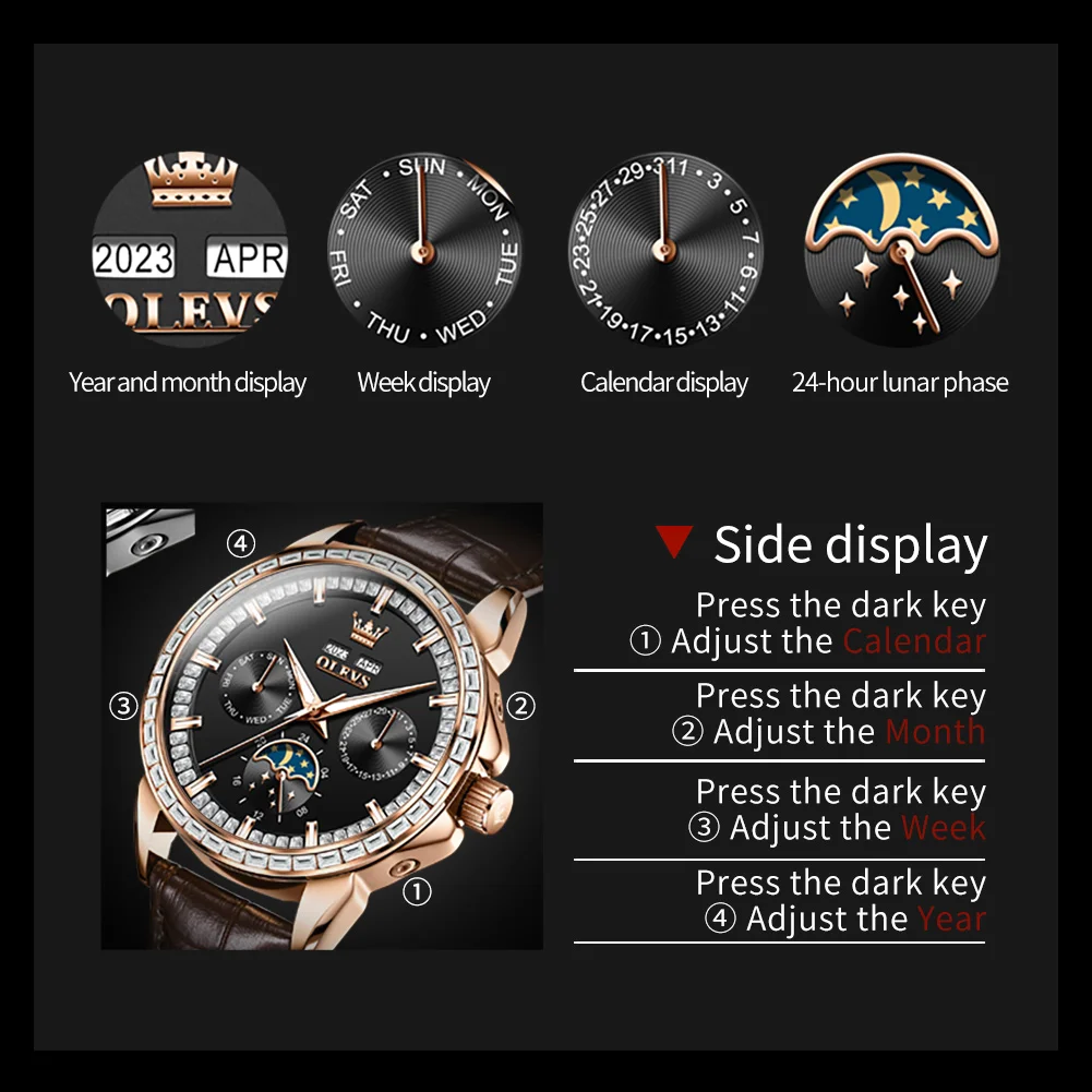 OLEVS Automatic Watch Luxury Business Leather Self Winding Mechanical Watches for Men Waterproof Wristwatches Relógio Masculino