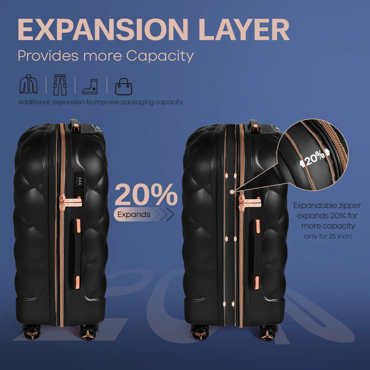 25 inch Medium Check in Luggage TSA Lock Lightweight Hard Shell Suitcase Telescopic Handle Black