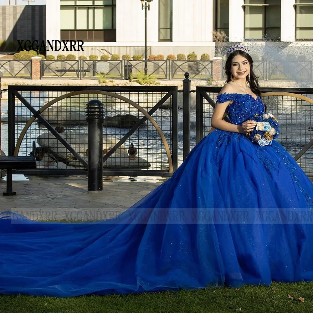 Vestido De baile azul real De lujo para quinceañera, Vestido De fiesta De tul con cuentas, dulce Vestido De princesa De 16 Años, 2024