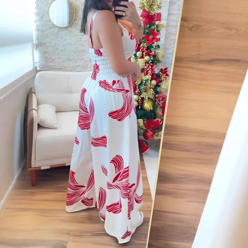 Jumpsuit Women Party Beach Print Rompers Spliced Wide Leg Pants High Waist Pockets Loose 2025 Summer Casual One Piece Y2k