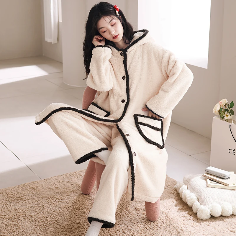 Autumn Winter New Coral Fleece Pajamas Women Hooded Cardigan 2 Pieces Pajamas for Women Simple Solid Color Pajamas for Girls