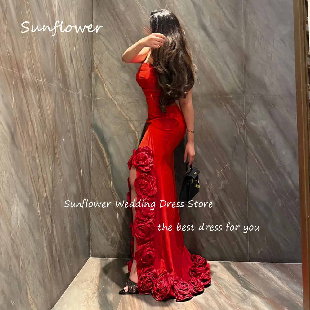 Sunflower Simple Red Strapless Mermaid Prom dress 2024 Slim Backless Side Split 3D Flowers  Floor-Length Formal Evening Dress