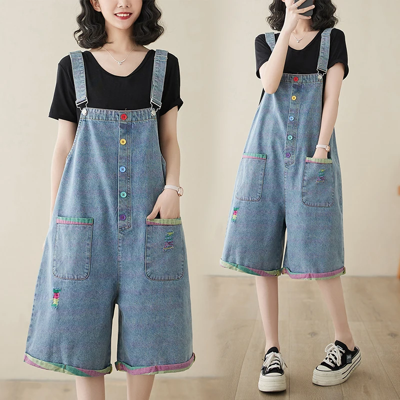 

Синие джинсовые комбинезоны, женские летние модные брюки с винтажным дизайном, джинсовая ткань длиной пять четвертей с высокой талией