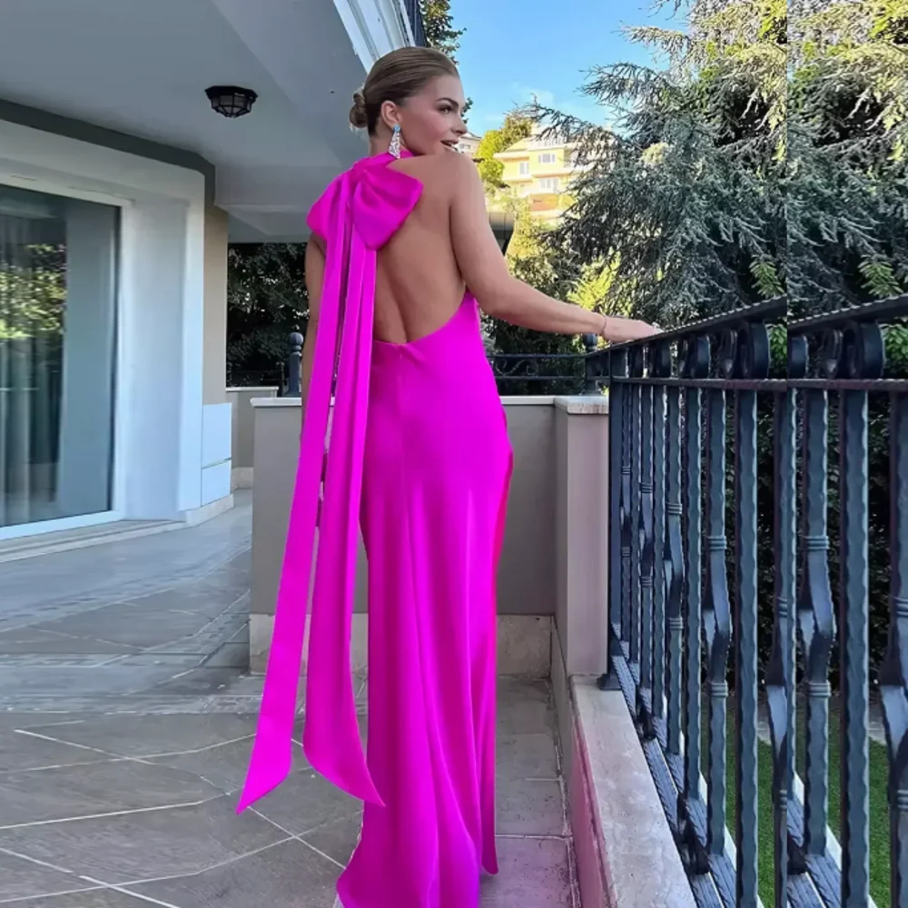 Hot Pink Women Maxi Dresses Hlater Strechy Prom Gowns Bow Ribbon Backless Party Wear Sexy Long Prom Gowns Off Shoulder