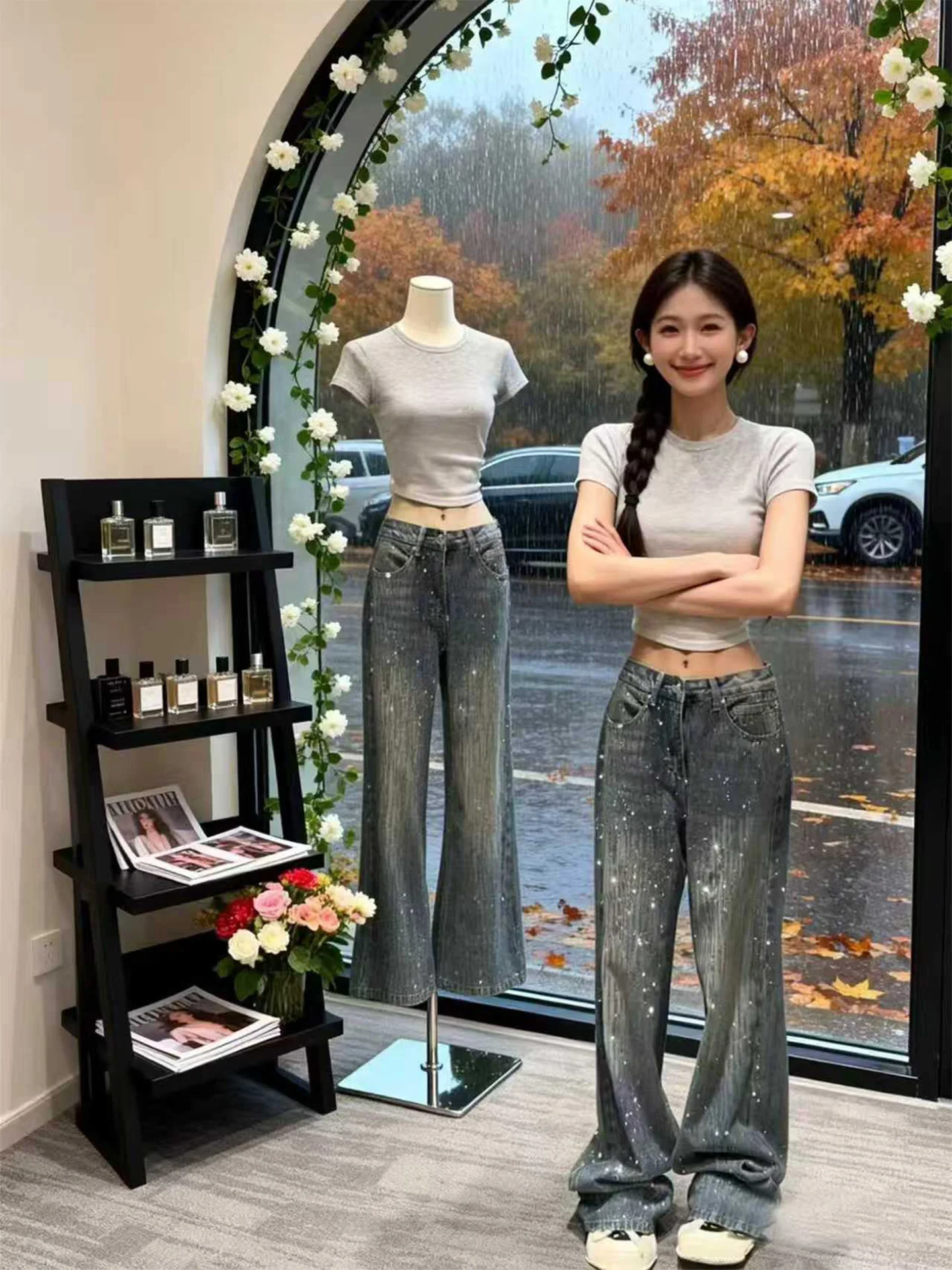 Plus Größe Glitter Diamant Eingebettet Blau Breite Bein Jeans frauen Herbst Winter Neue Sle Ultra ular Dünne Gerade Hosen