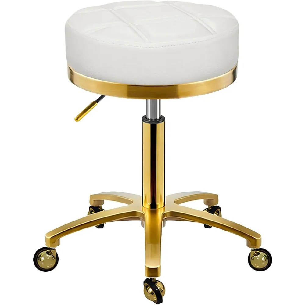 

Gold Rolling Vanity Stool with Wheels, Salon Spa Tattoo Massage Pedicure Chair, PU Leather Roller Chair, 43-55cm Height Adjustab