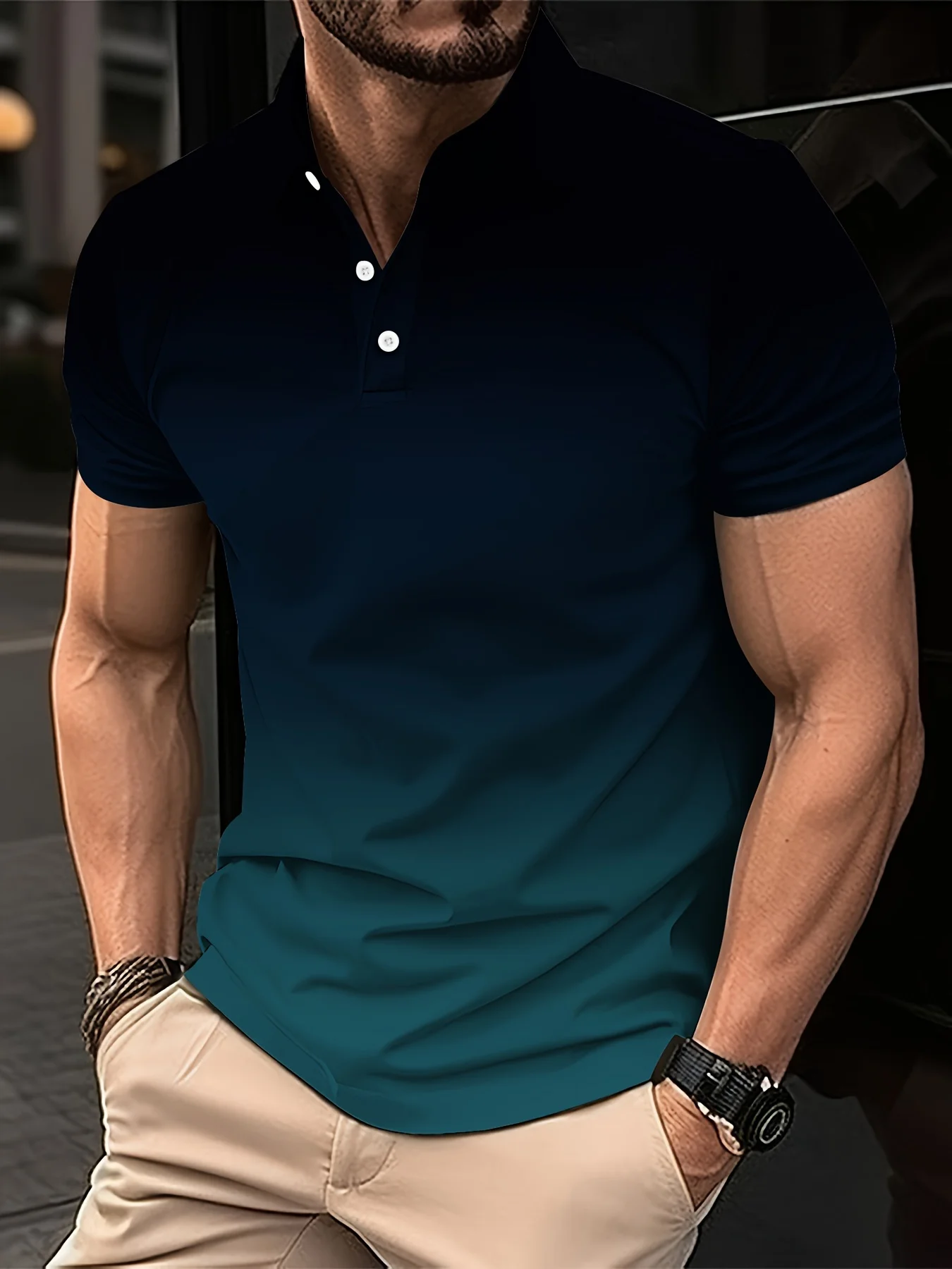 Men\'s Fashion Gradient Color Polo Shirt Lapel Golf Shirt Short Sleeve Printed Button Clothing Fashion Design Casual Breathable