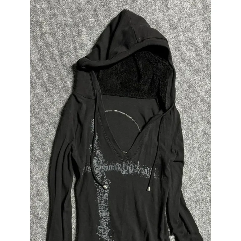 Deeptown Y2k Black Vintage Printed Hoodies Women V Neck Long Sleeve American Fashion Hooded Sweatshirt Streetwear Hip Hop Spring