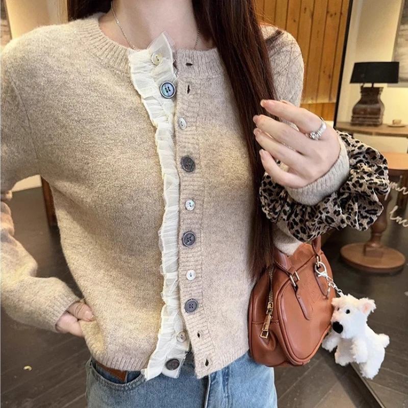 

New Korean Style Lace Ruffles Soft Long Sleeve Elegant Button Knitted Top Casual Short Women Cardigan Sweater