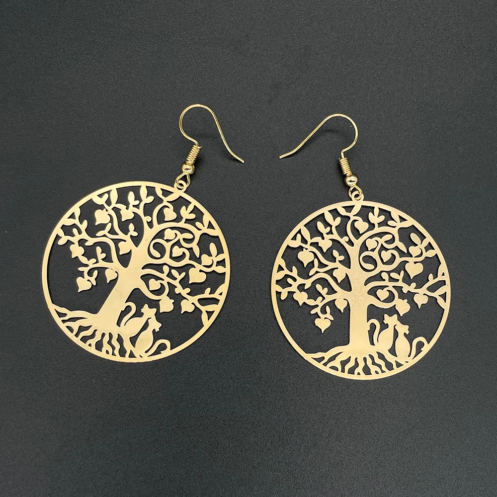 Tree of Life with Hearts Earrings Exquisite Filigree Jewellery Couple Cats Sitting Under the Tree with Love