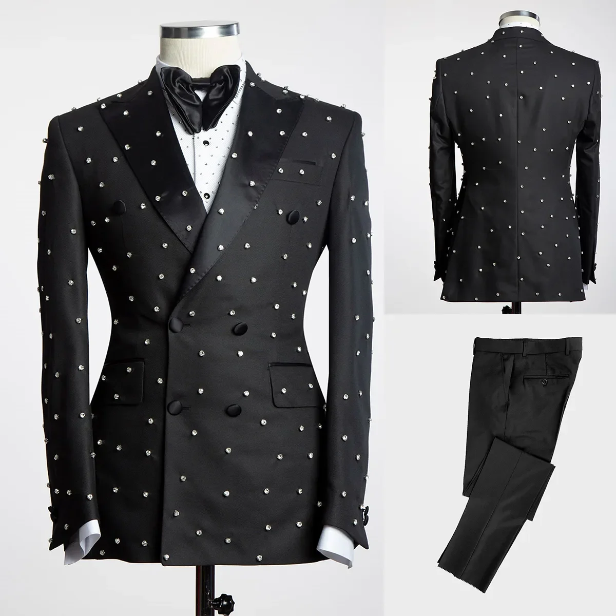 

New Design Bespoke 2 Pcs Jacket Pants Wedding Suits for Man Peak Beading Crystal Formal Business Evening Party Wear Customized