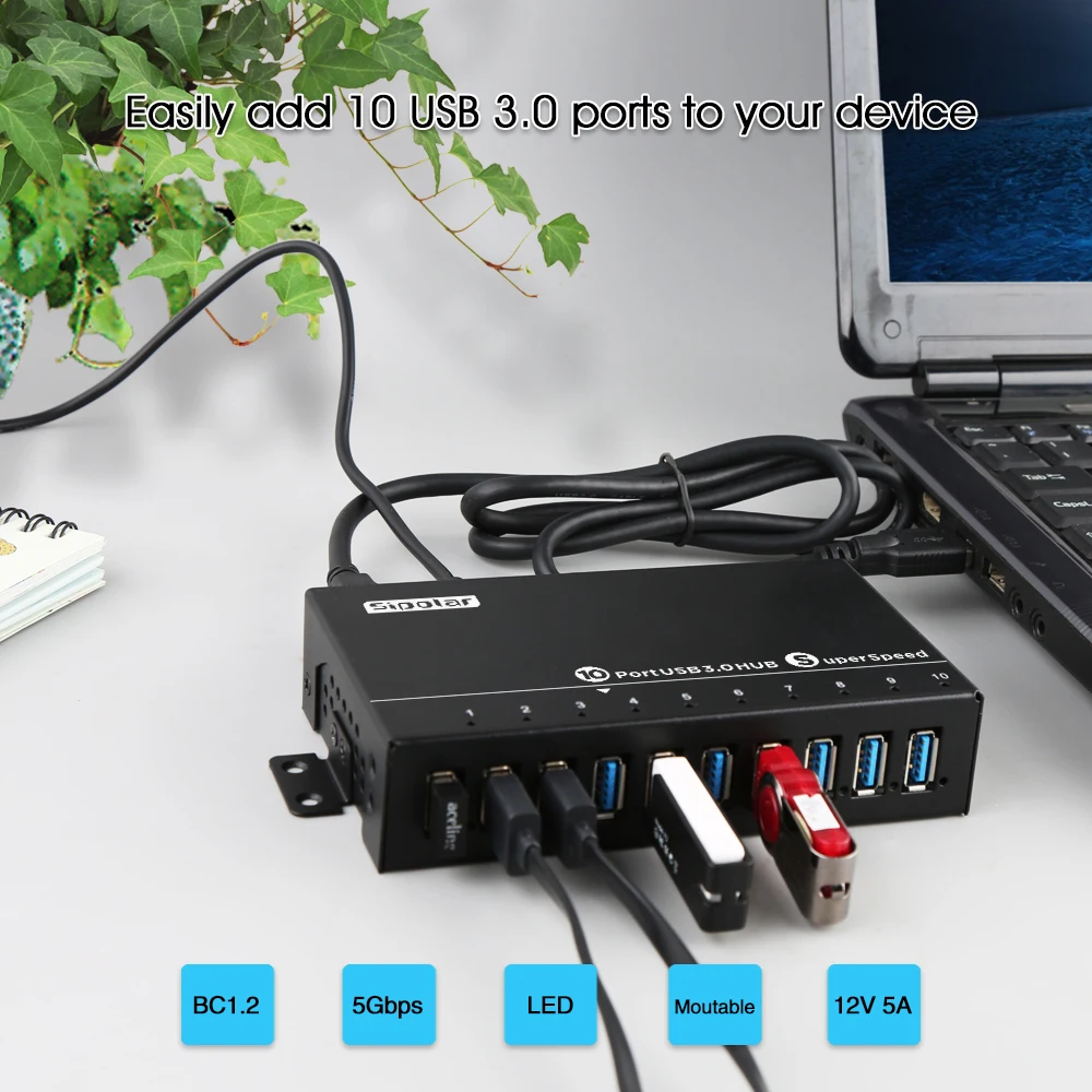 Sipolar 고속 데이터 전송 멀티 고속 충전기 분배기, 산업용 USB 3.0 허브, 10 포트 전원 어댑터 포함, A103, 12V5A