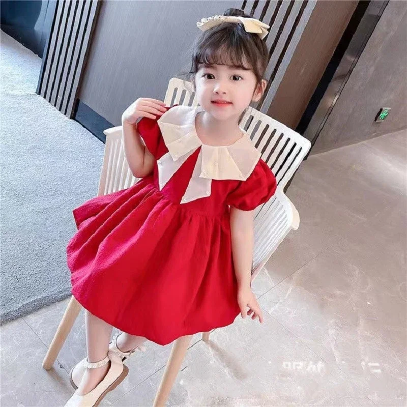 1-4YChildren\'s dress for girls 2023 summer new bubble sleeve red fashion princess dress sweet dress for baby girls