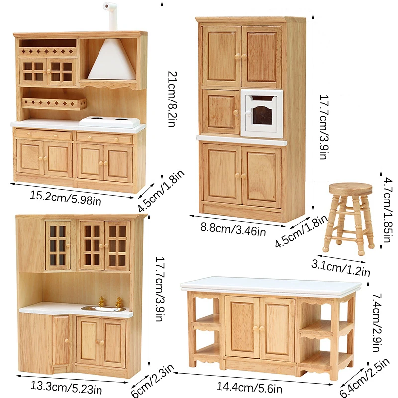 1 Set 1:12 Dollhouse Miniature Wooden Kitchen Furniture Sink Cabinet Stove Cabinet Cupboard Cooking Table Stool Model Decor Toy