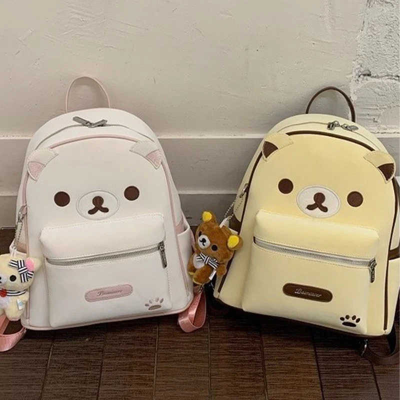 Cute Rilakkuma Korilakkuma Backpack Kawaii Bear Ear School Bag Large Capacity PU Leather Rucksack for Girls Travel Daily Gift