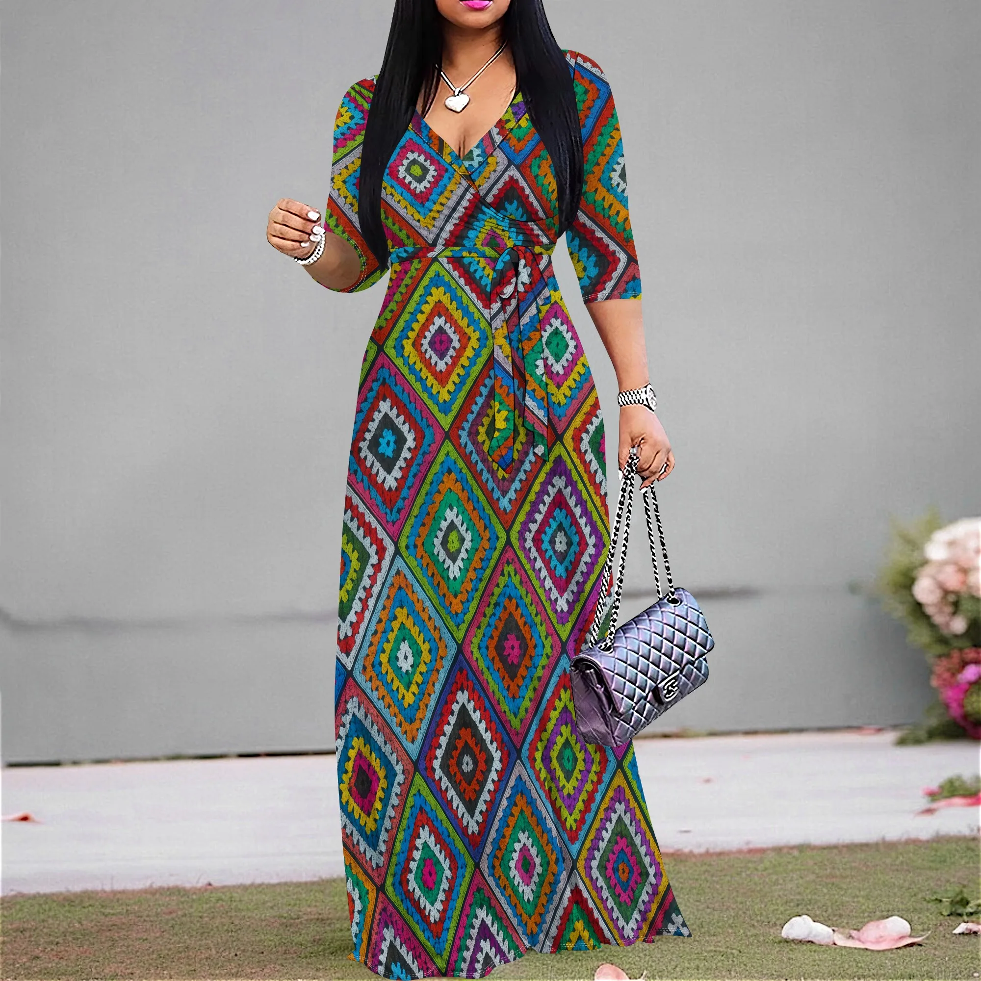 

Colorful Geometric Print Maxi Dress for Women African Style V Neck Belted Long Dress 3/4 Sleeve 2025 Summer XS-3XL