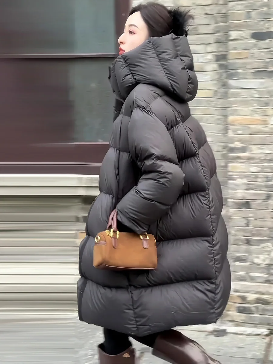 الكورية Sle فضفاضة المرأة منتصف طول مقنعين أسفل Jaet Bla شتاء دافئ جديد وصول الخبز معطف ملابس خارجية مريحة غير رسمية