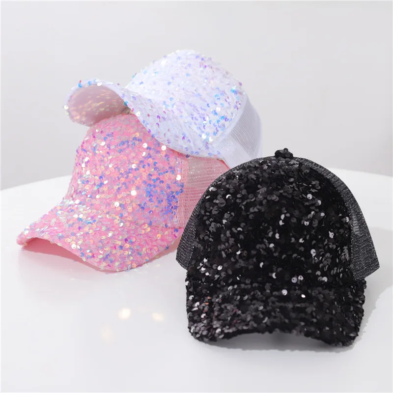 Summer Women Glitter Mesh Breathable Baseball Cap Shiny Sequins Ponytail Sunscreen Peaked Hat FemaleOutdoor Sports Snapback Hats