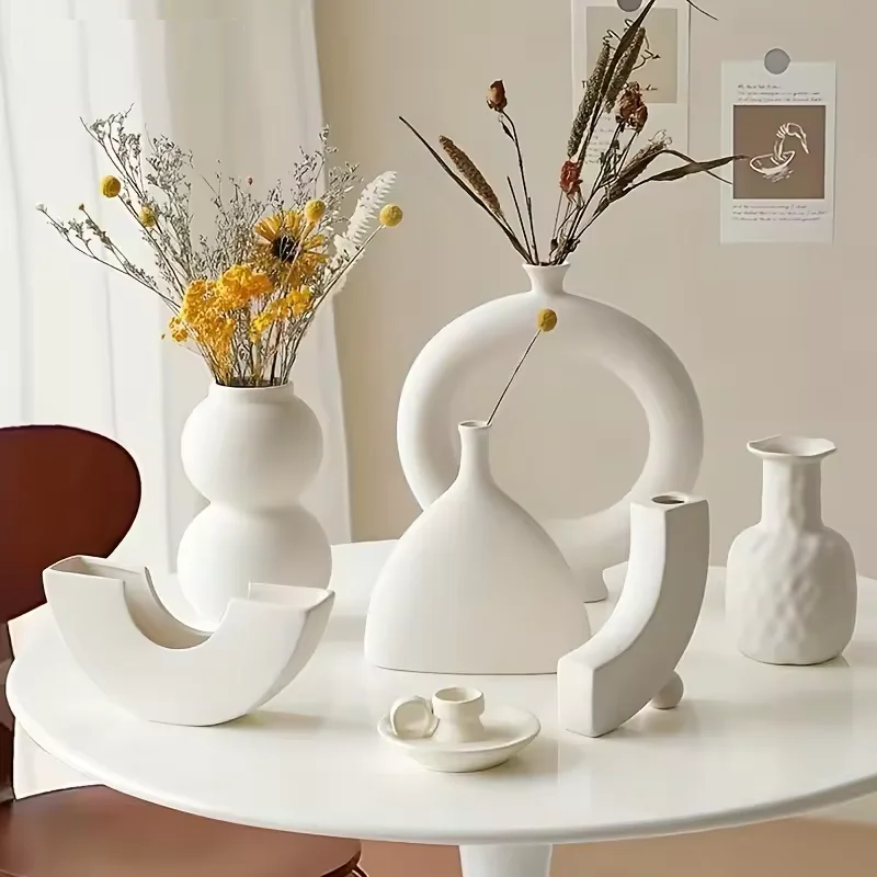 Nordic Ceramic Vase Ornament Hollow Donut Flower Pot Home Living Room Flower Arrangement Decorative Handicraft Accessories Gift
