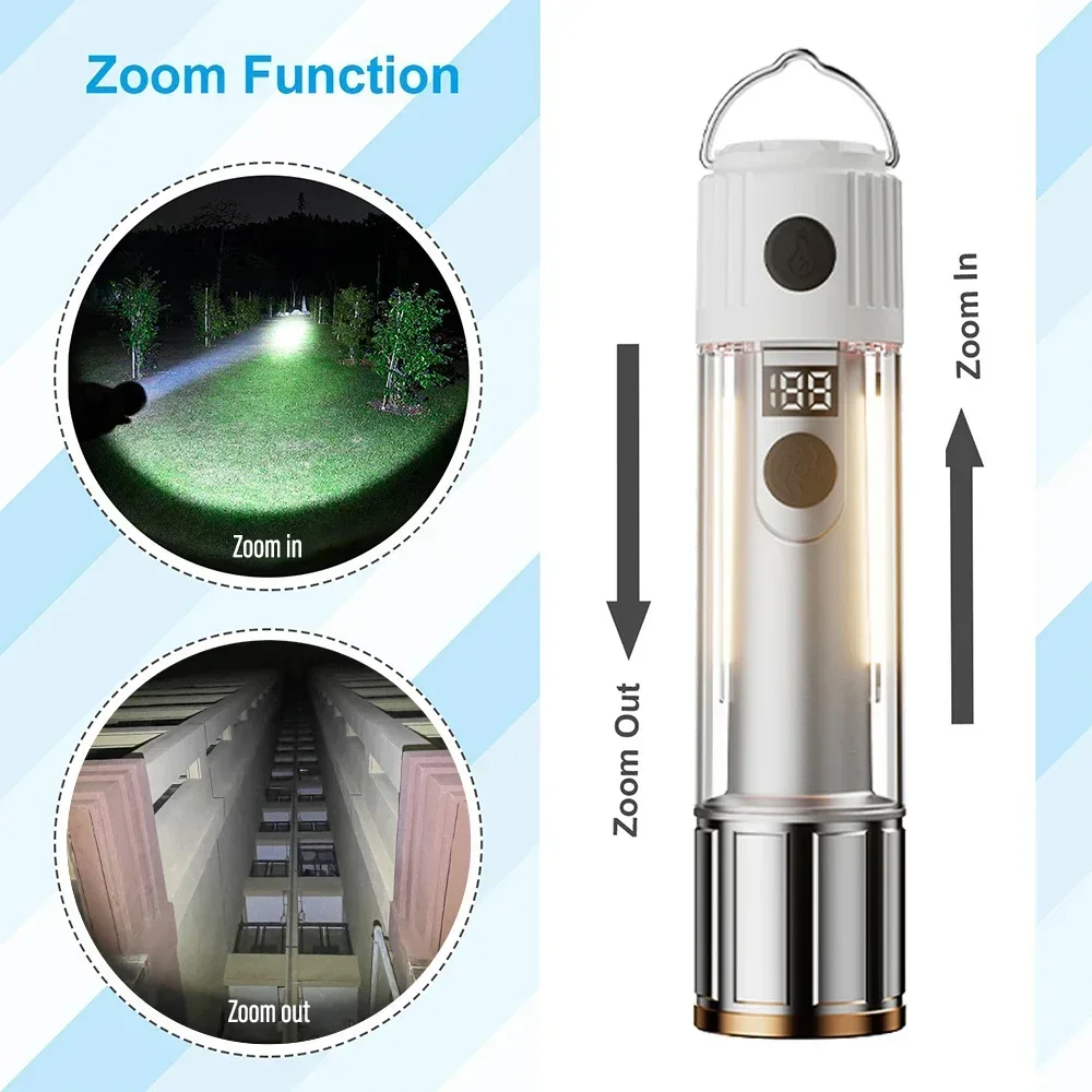 2000LM Bright LED Flashlight Rechargeable Zoom Tactical Torch Searchlight Outdoor Camping Light with Power Display Side Light