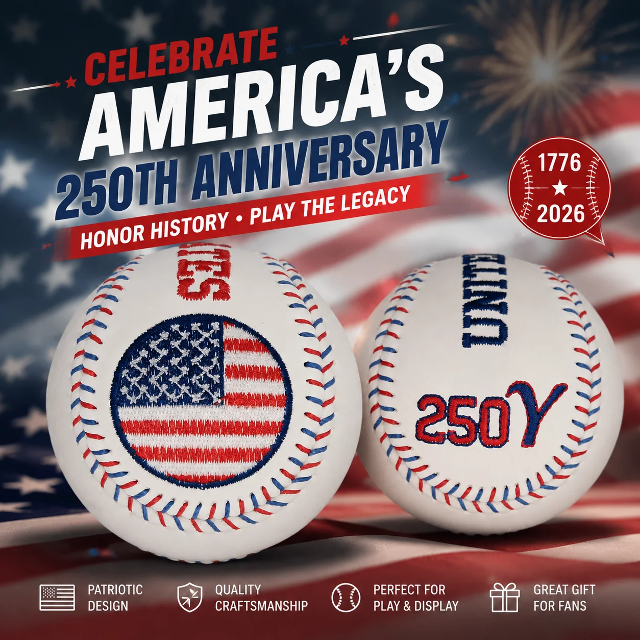 Free Custom Text Logo Embroidered Baseball ball | US 250th Independence Anniversary Commemorative 9 inch Hardball Souvenir Ball