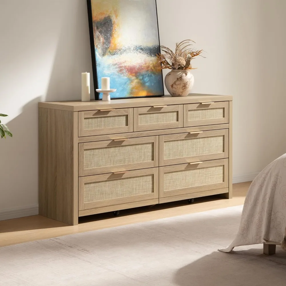 Cassettiera a 7 cassetti per camera da letto, cassettiere in rattan larghe 57", grande cassettiera per camera da letto, mobile TV con cassettiera, organizer per armadio Boho