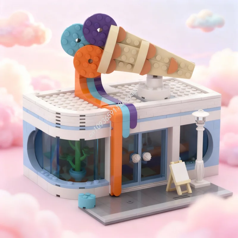 

472 детали MOC Модульный конструктор «Магазин мороженого»: архитектурная модель, развивающая игрушка, идея для творчества, подарок на Рождество