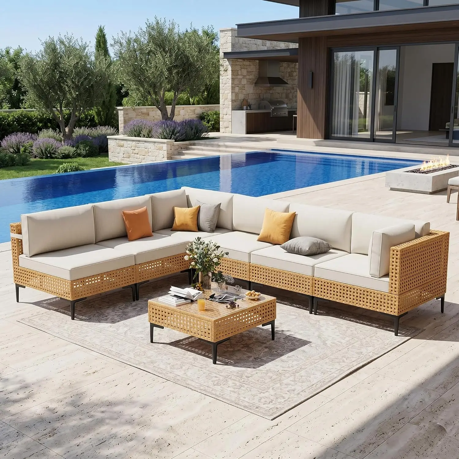 Large Modular Outdoor Sectional 7-Piece Patio Furniture Set with Thick All-Weather Wicker Cushions for Porch Deck, Customized