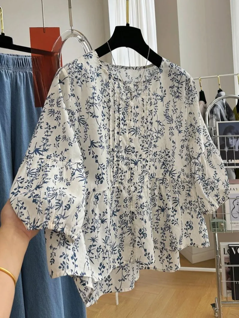 Women Floral Print Blouse Korean Fashion Casual Loose Tops 2024 Summer Round Neck Holiday Style Shirts