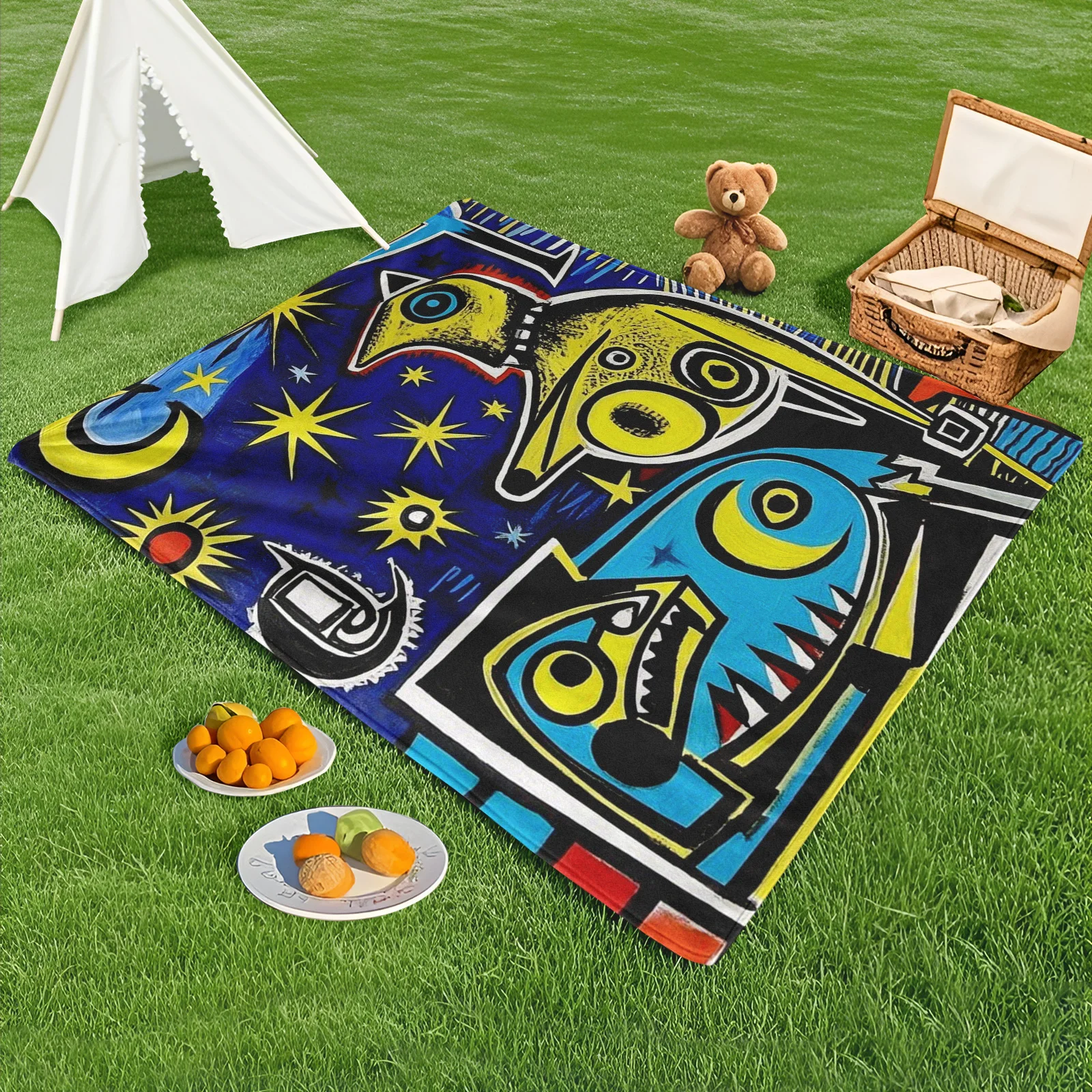 

Whimsical Blue Outdoor Blanket With Yellow Stars And Moon Design For Childhood Adventures And Starlit Imaginative Play