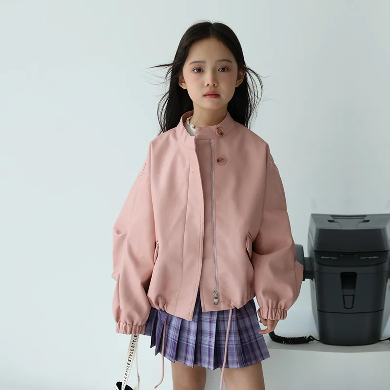 2-12Y 女の子甘い黒ピンクロックオートバイ Pu レザージャケット子供防水防風コート子供ストリート写真撮影着用